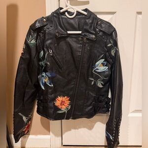 Dance & Marvel Black Leather Jacket with Floral Embroidery